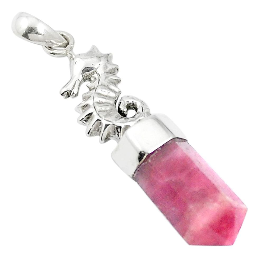 Natural pink tourmaline 925 sterling silver seahorse pendant m58856