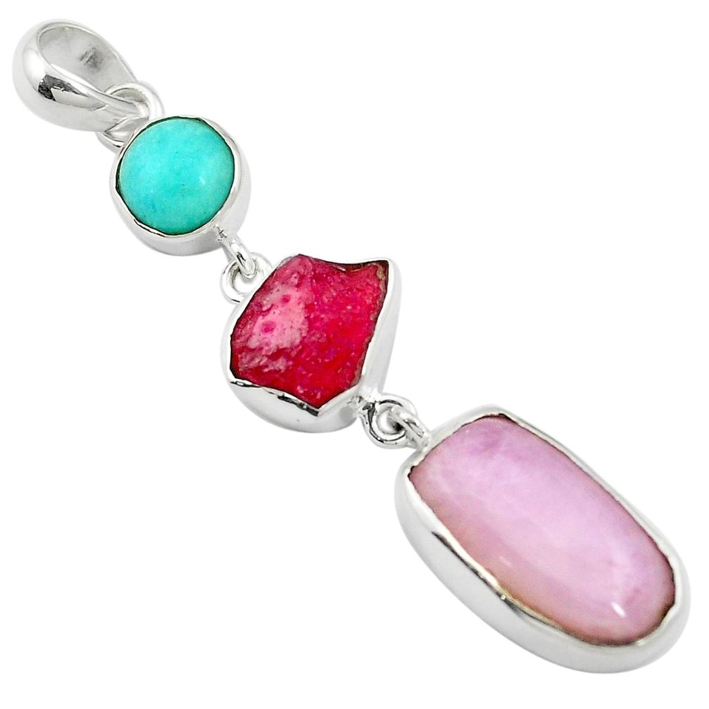 Natural pink kunzite peruvian amazonite 925 silver pendant jewelry m58943