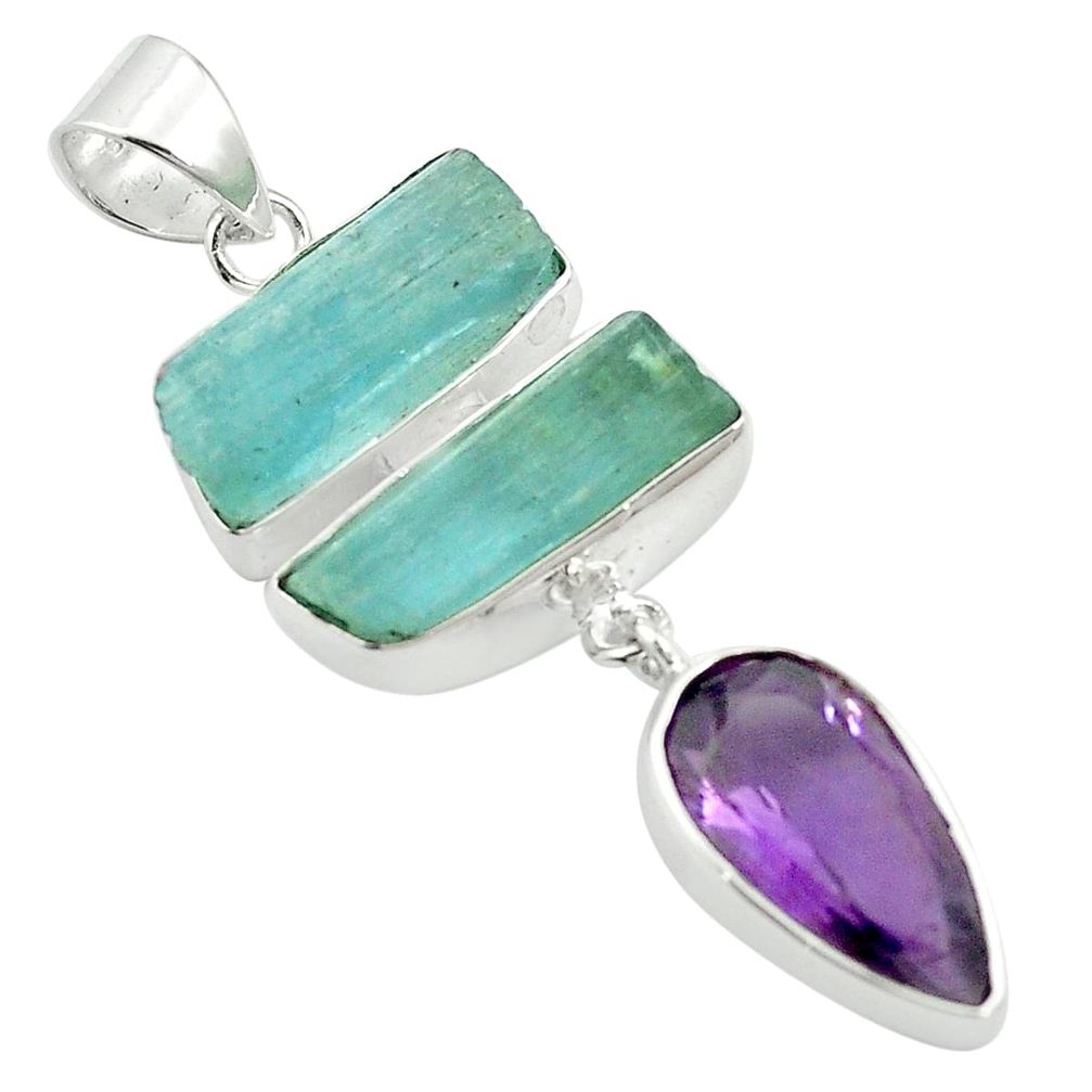 18.70cts natural aqua aquamarine rough amethyst 925 silver pendant m59213