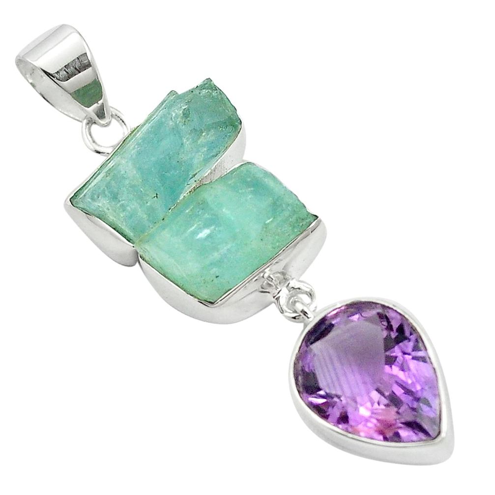 17.22cts natural aqua aquamarine rough amethyst 925 silver pendant m59215