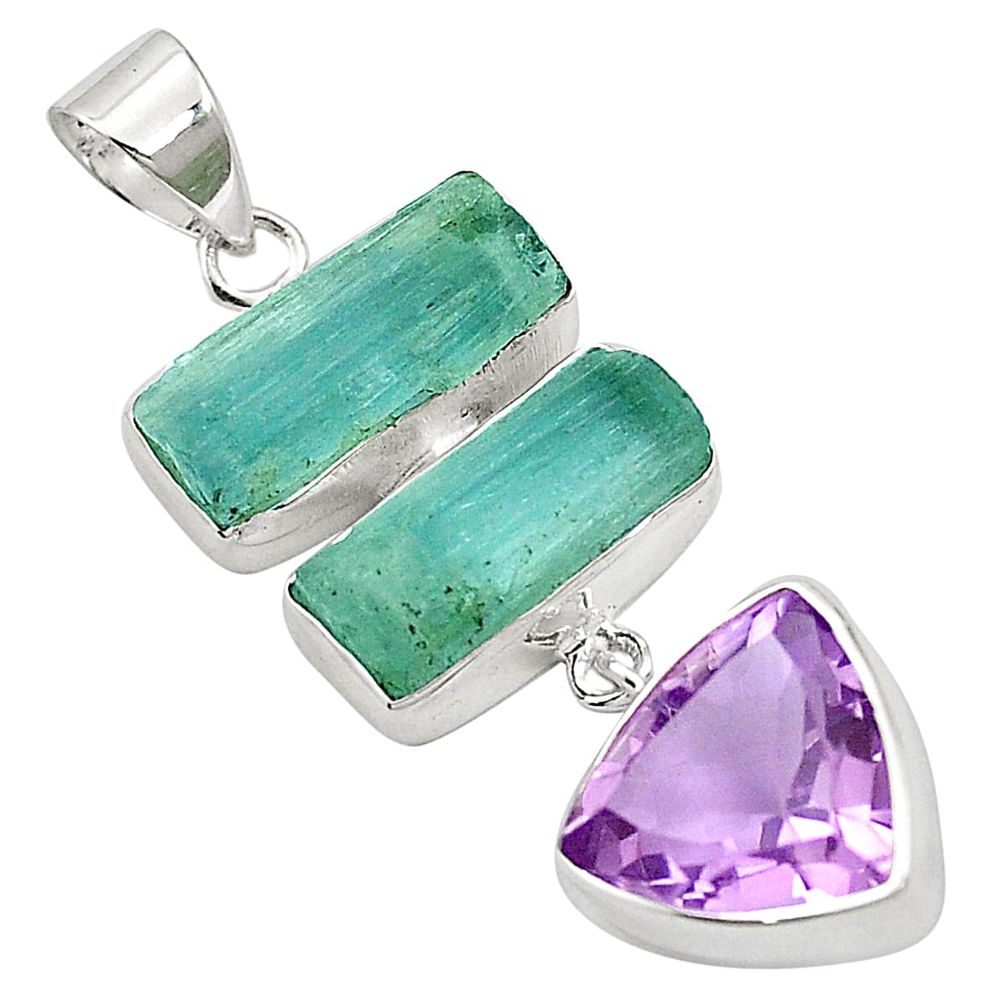 19.05cts natural aqua aquamarine rough amethyst 925 silver pendant m59219