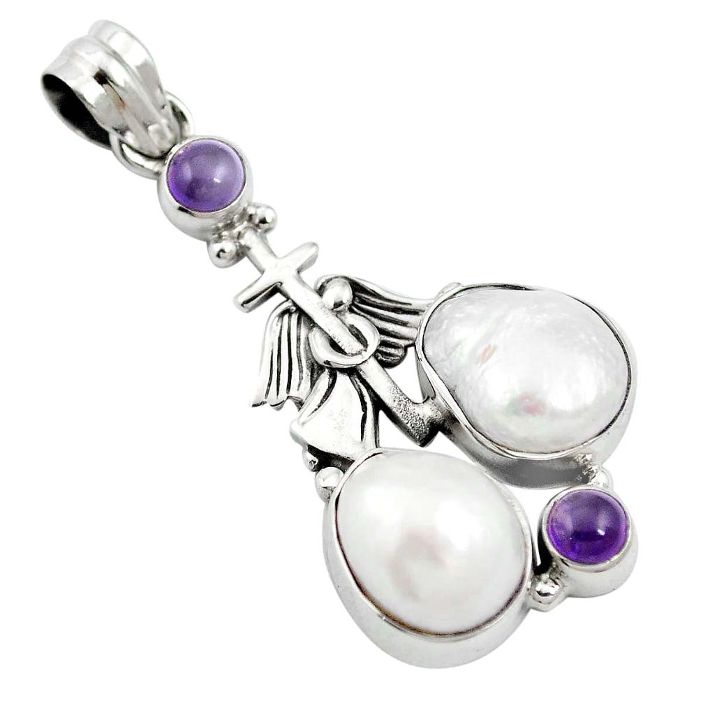 Natural white pearl amethyst 925 sterling silver pendant jewelry m60388
