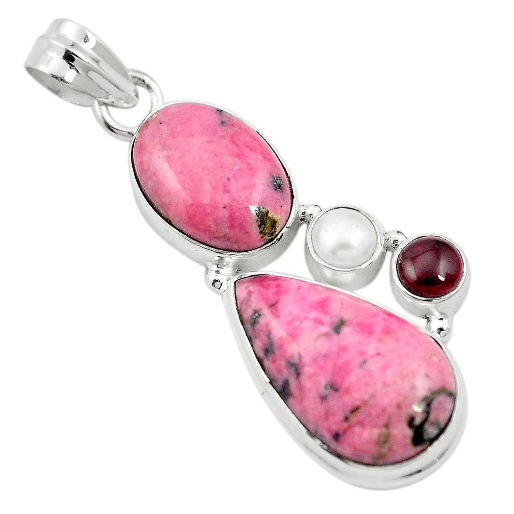 925 silver natural pink rhodonite in black manganese pearl pendant m60404