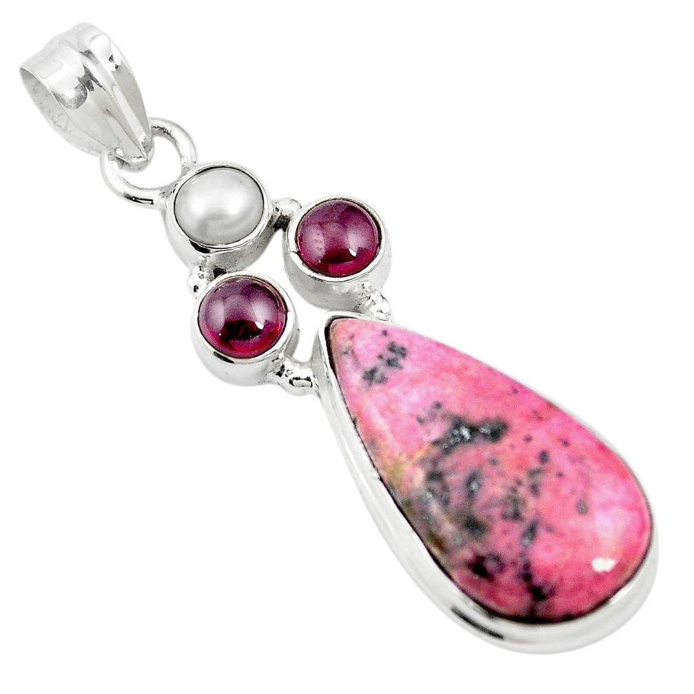 Natural pink rhodonite in black manganese 925 silver pendant m60406