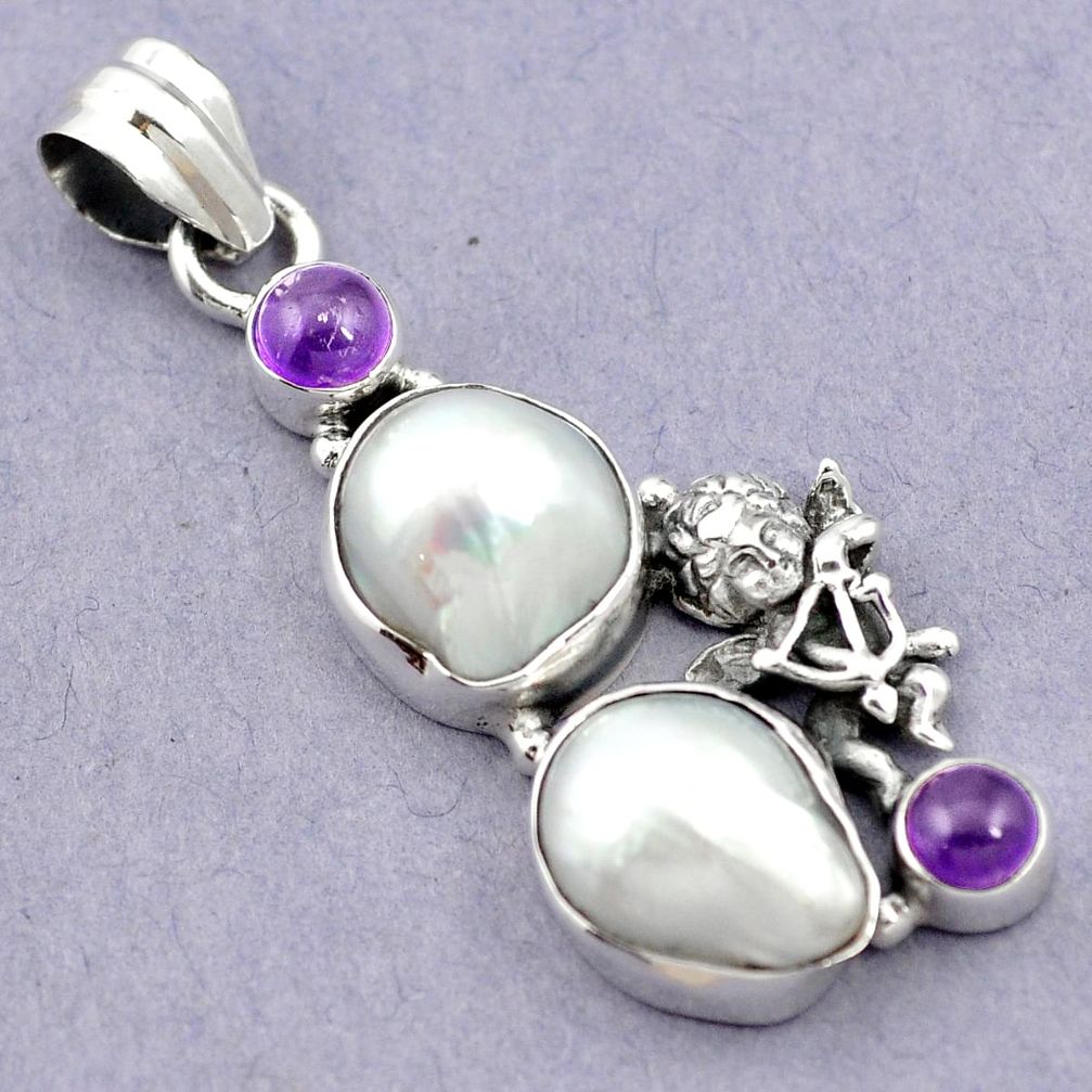 Natural white pearl amethyst 925 sterling silver pendant jewelry m60478