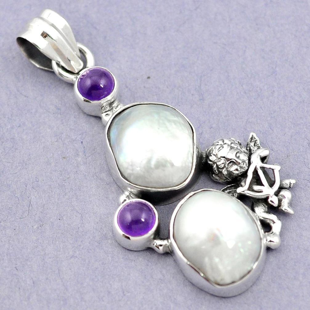 Natural white pearl amethyst 925 sterling silver pendant jewelry m60479