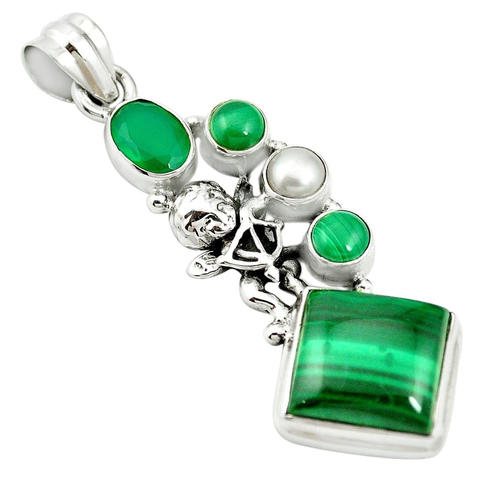 Natural green malachite (pilot's stone) 925 silver pendant m60482