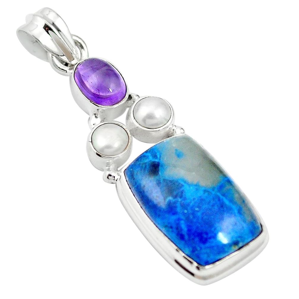 Natural blue shattuckite amethyst 925 sterling silver pendant m60485