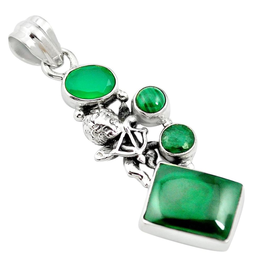 Natural green malachite (pilot's stone) 925 silver pendant m60495