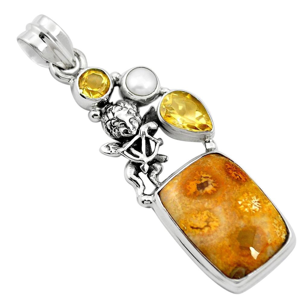 925 silver natural yellow fossil coral (agatized) petoskey stone pendant m60564