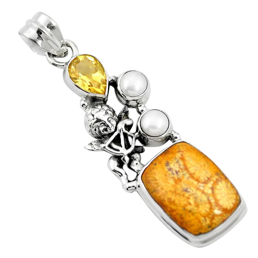 Natural yellow fossil coral (agatized) petoskey stone 925 silver pendant m60565