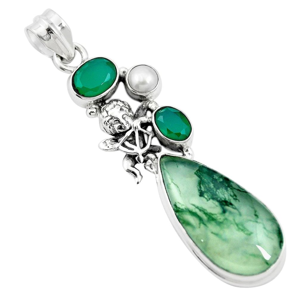 Natural green moss agate chalcedony 925 sterling silver pendant m60566