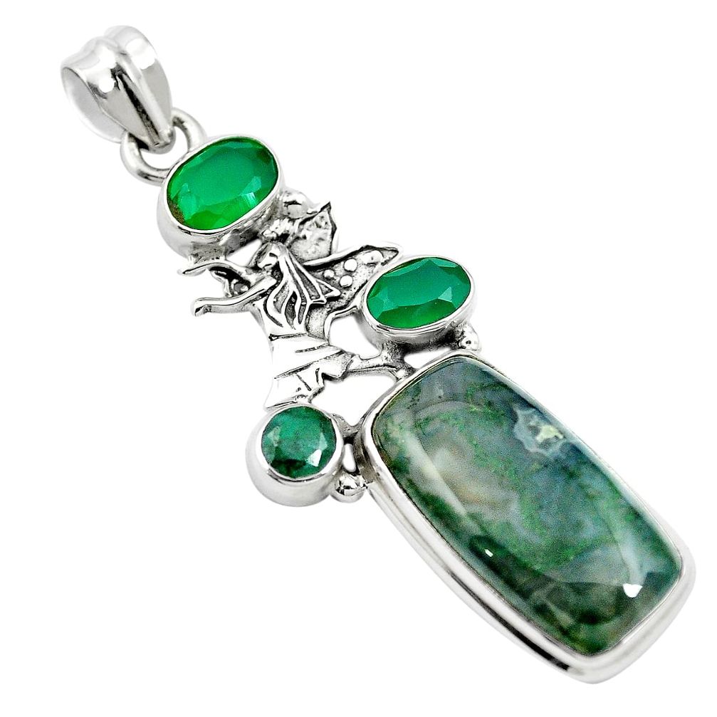 Natural green moss agate chalcedony 925 sterling silver pendant m60572