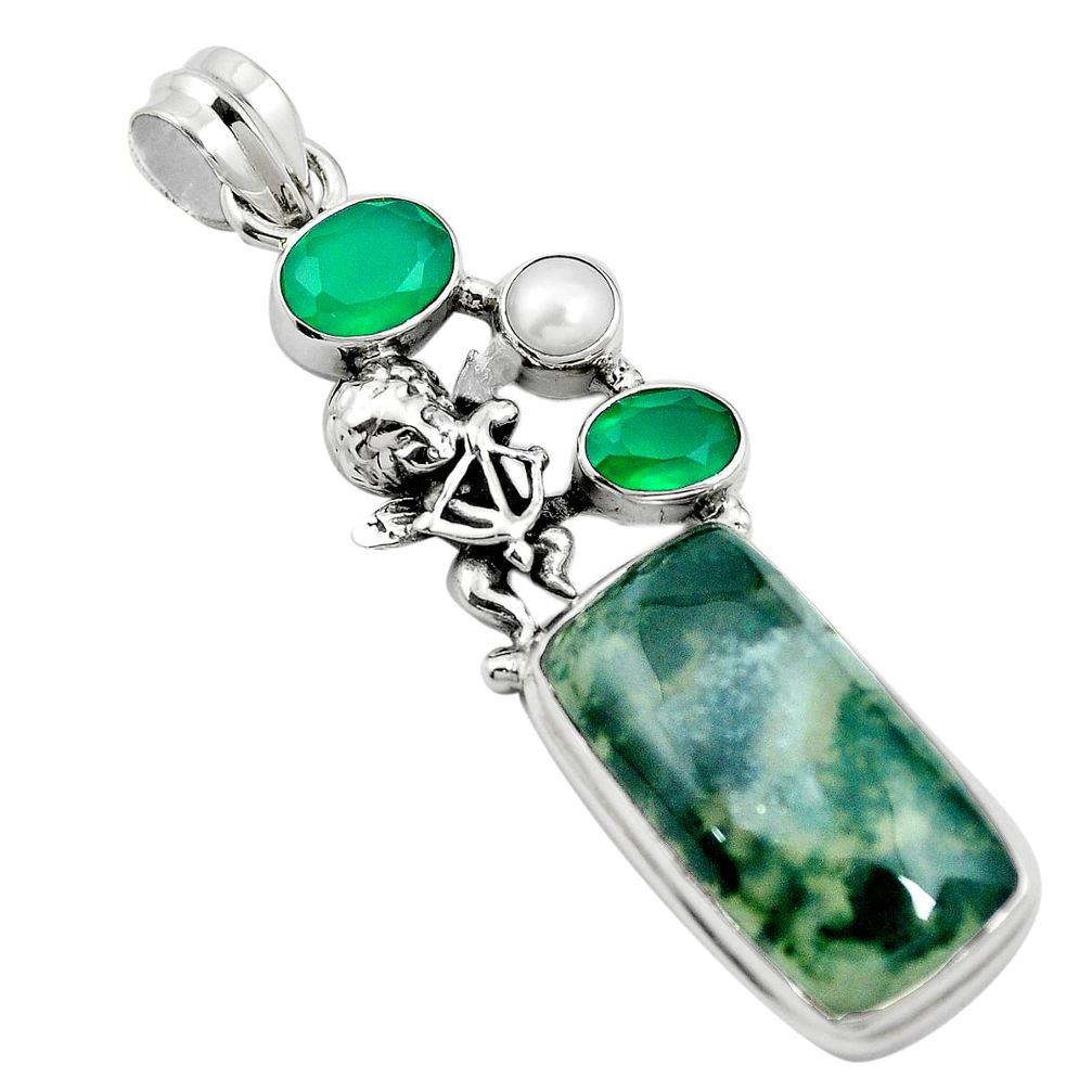 Natural green moss agate chalcedony 925 sterling silver pendant m60574