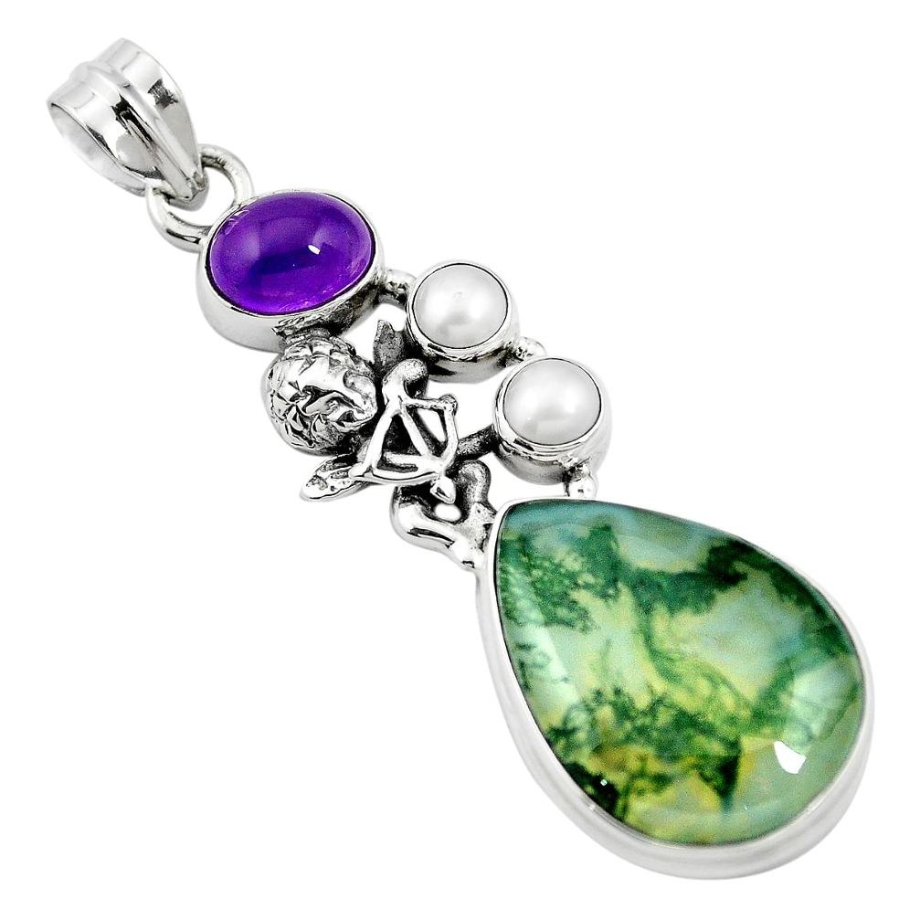925 sterling silver natural green moss agate amethyst pendant m60579