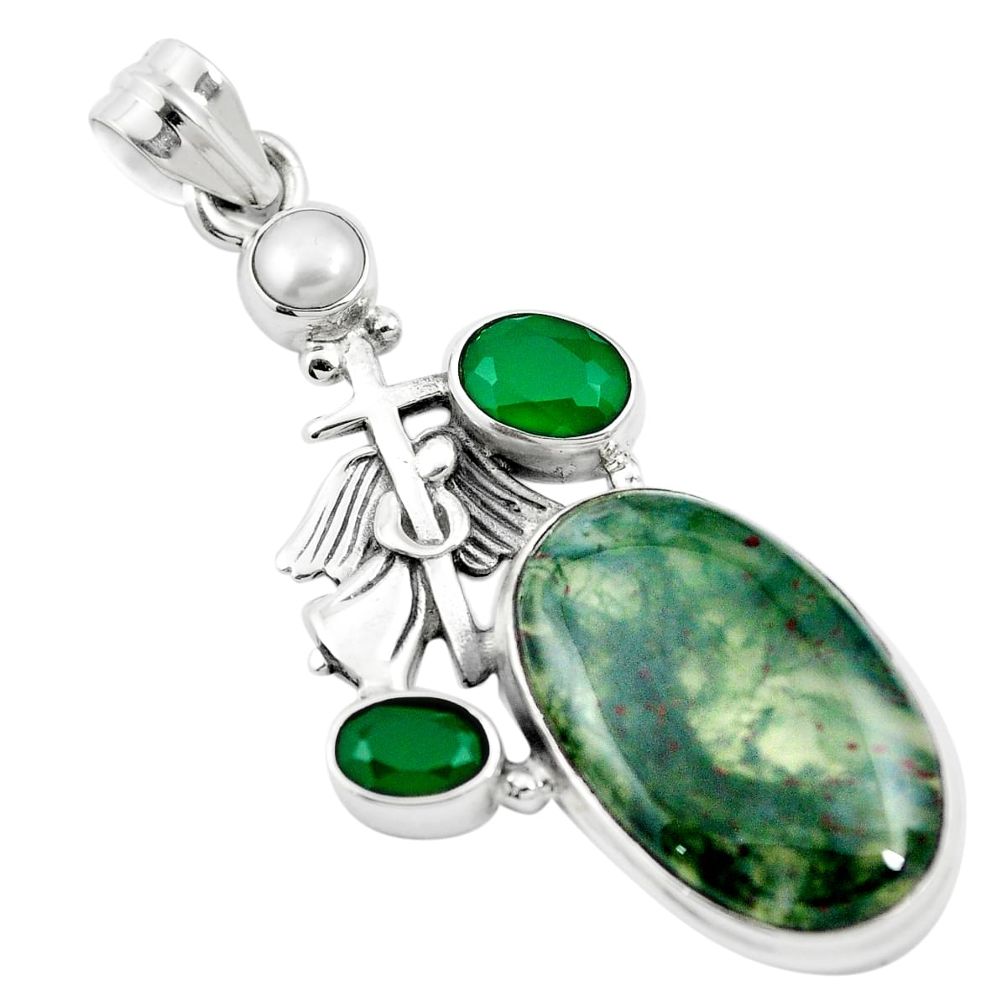 Natural green moss agate chalcedony 925 sterling silver pendant m60580