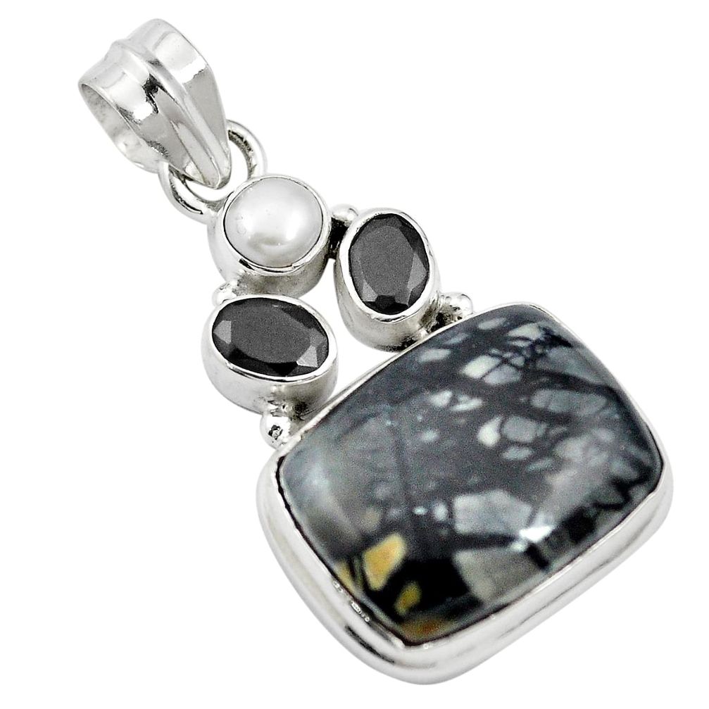 925 sterling silver natural black picasso jasper onyx pearl pendant m60587