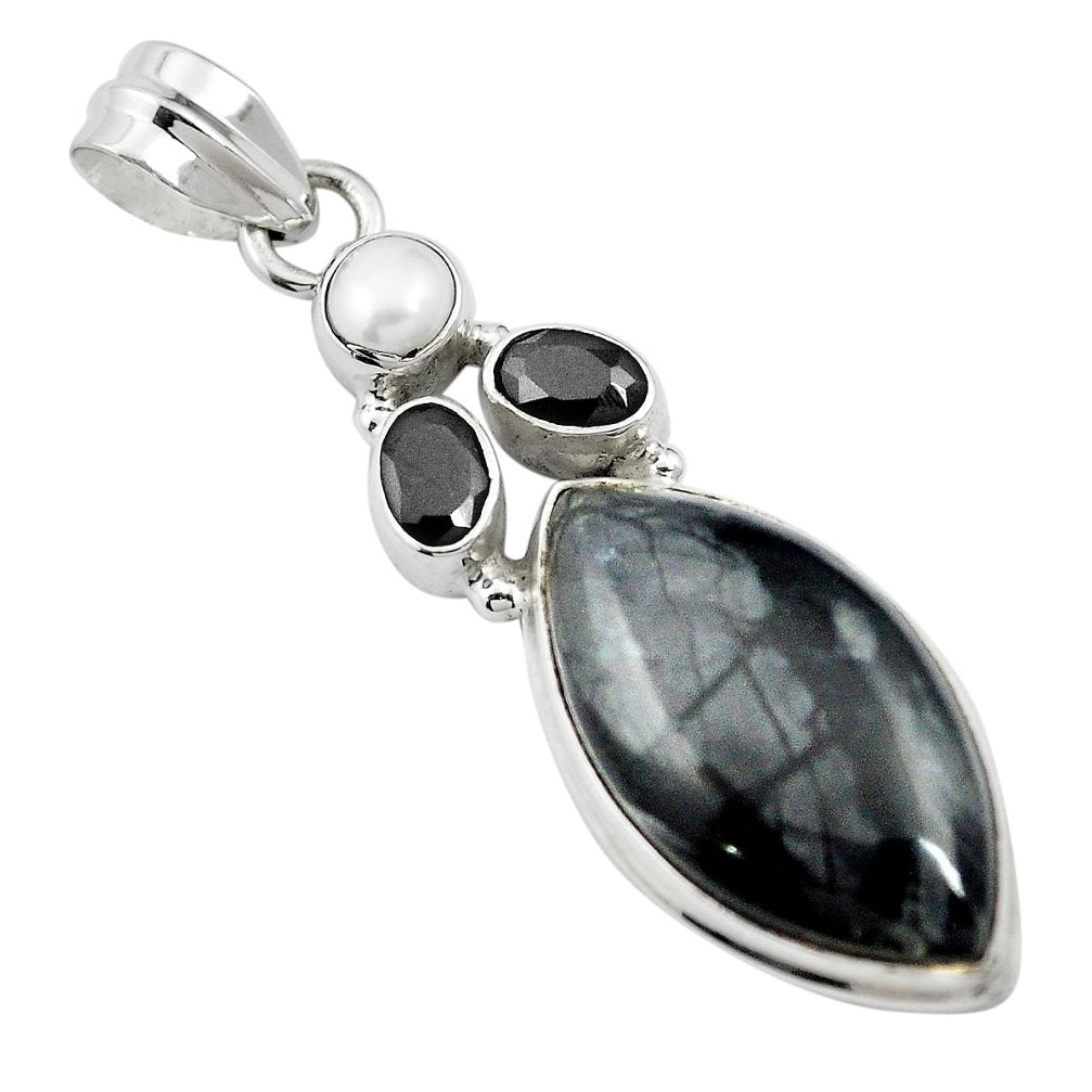 Natural black picasso jasper onyx 925 sterling silver pendant m60591