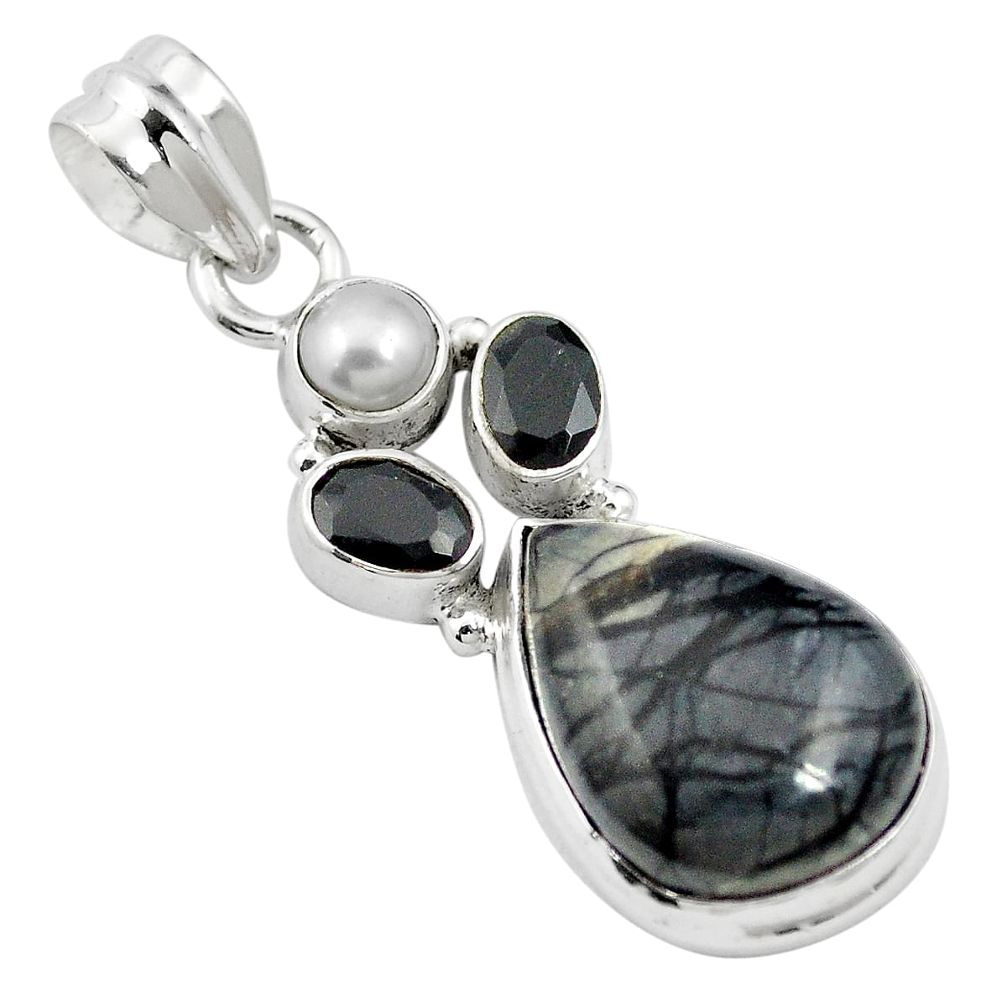 Natural black picasso jasper onyx 925 sterling silver pendant m60596