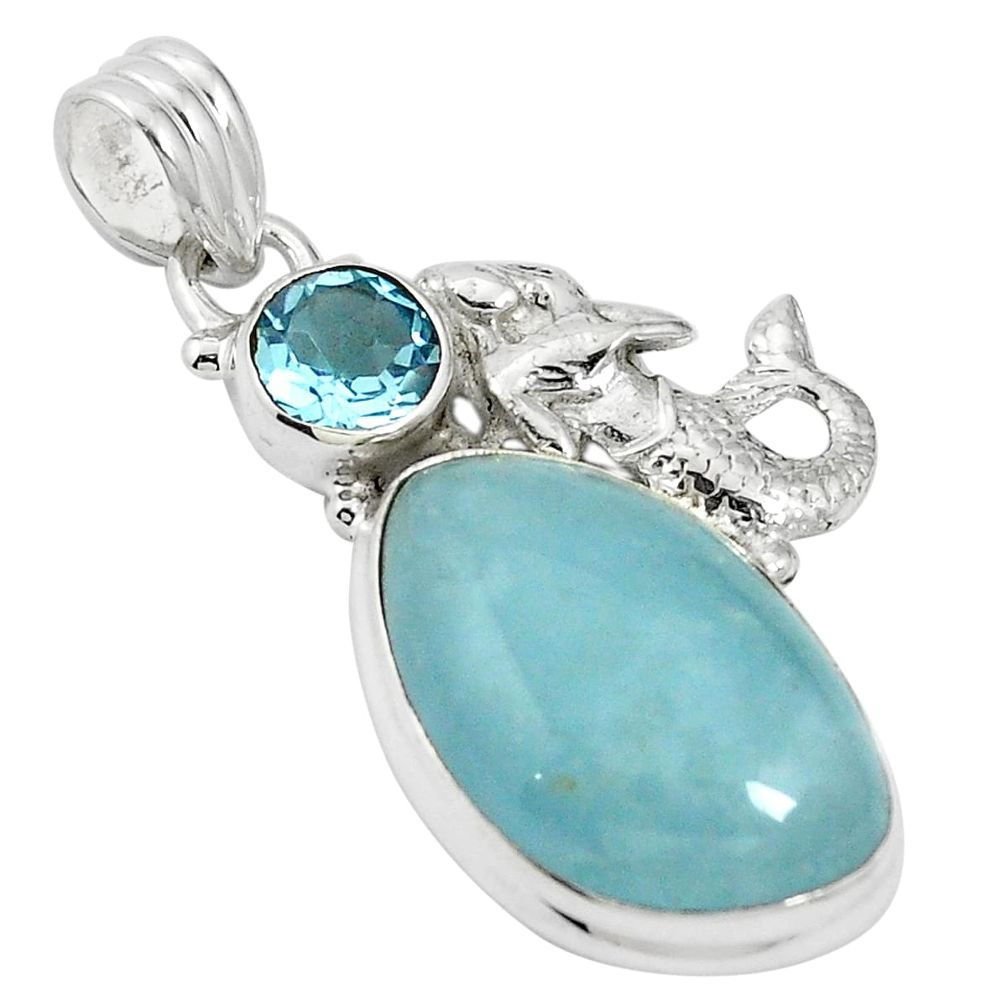 Natural blue aquamarine topaz 925 silver fairy mermaid pendant jewelry m61625