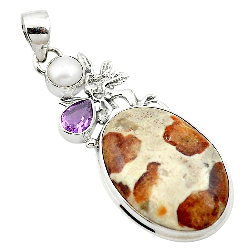 Natural brown garnet in limestone spessartine 925 silver pendant m62668