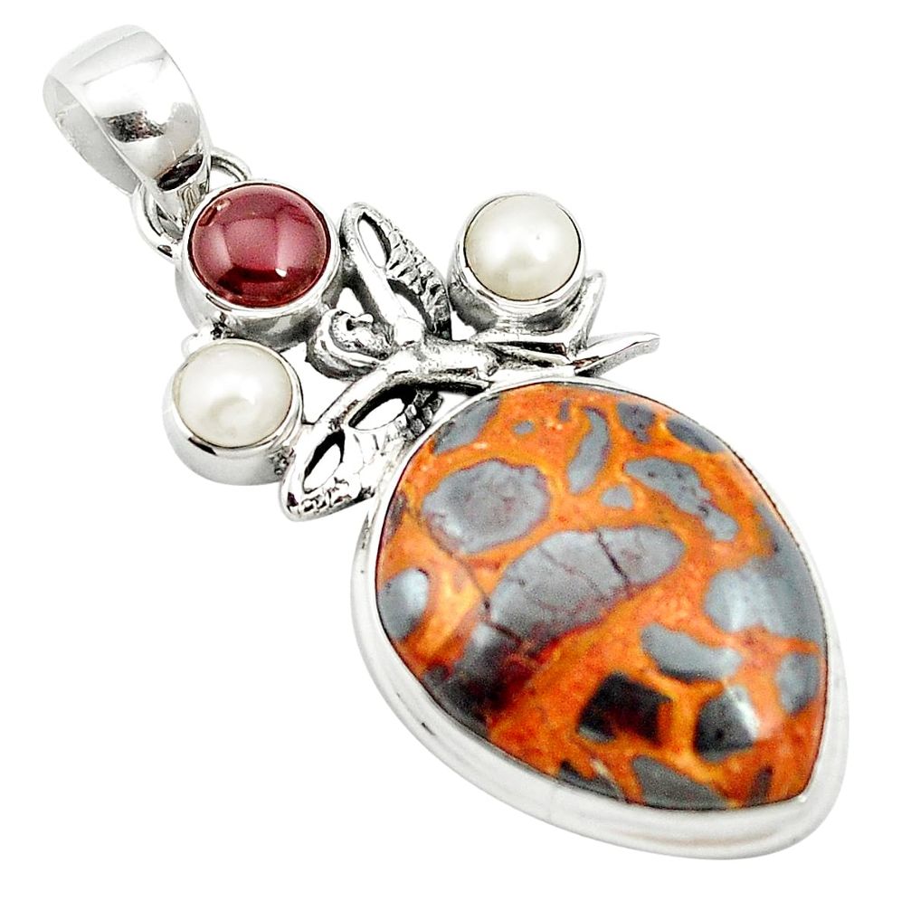 925 sterling silver natural brown bauxite red garnet pendant jewelry m62685