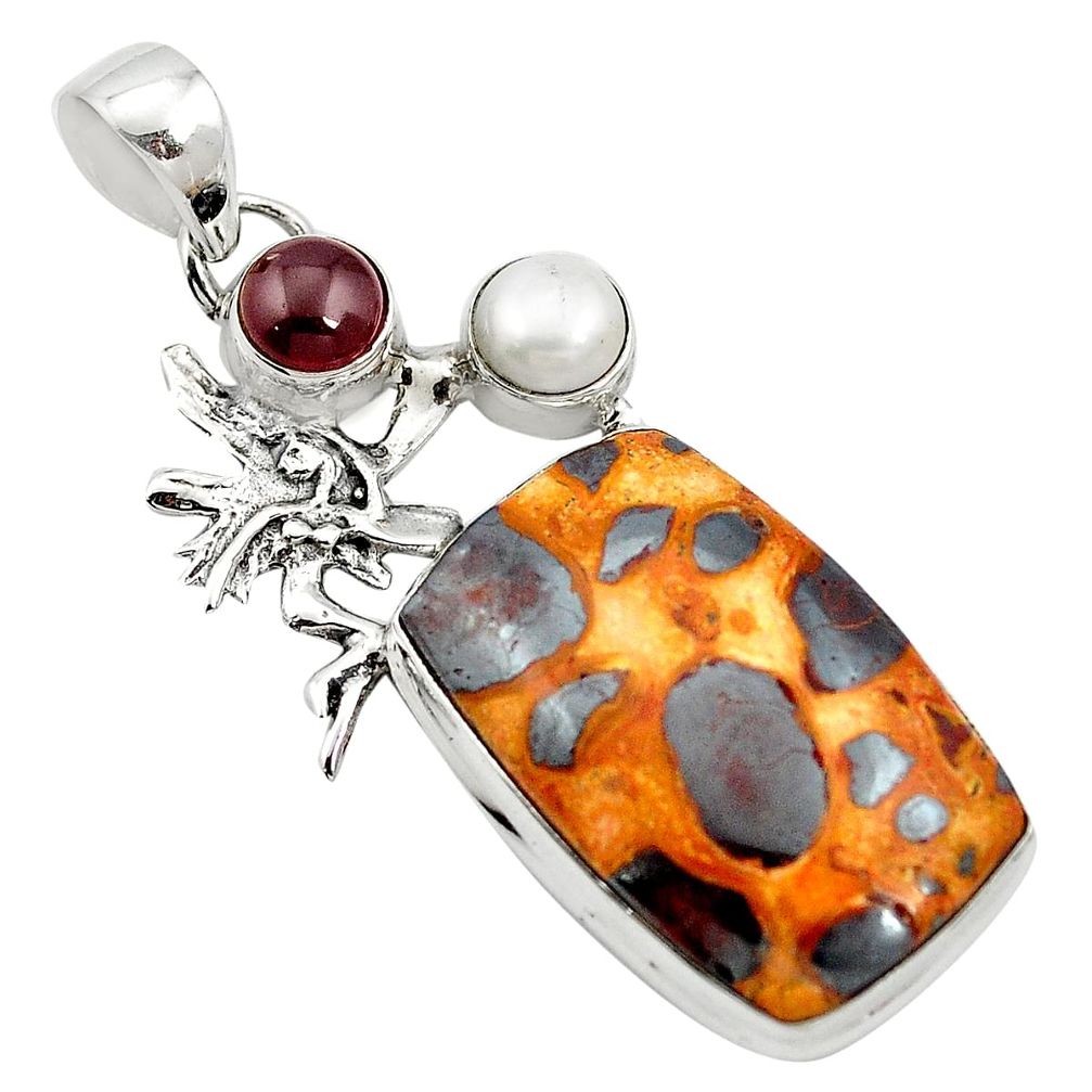 925 sterling silver natural brown bauxite red garnet pendant jewelry m62699