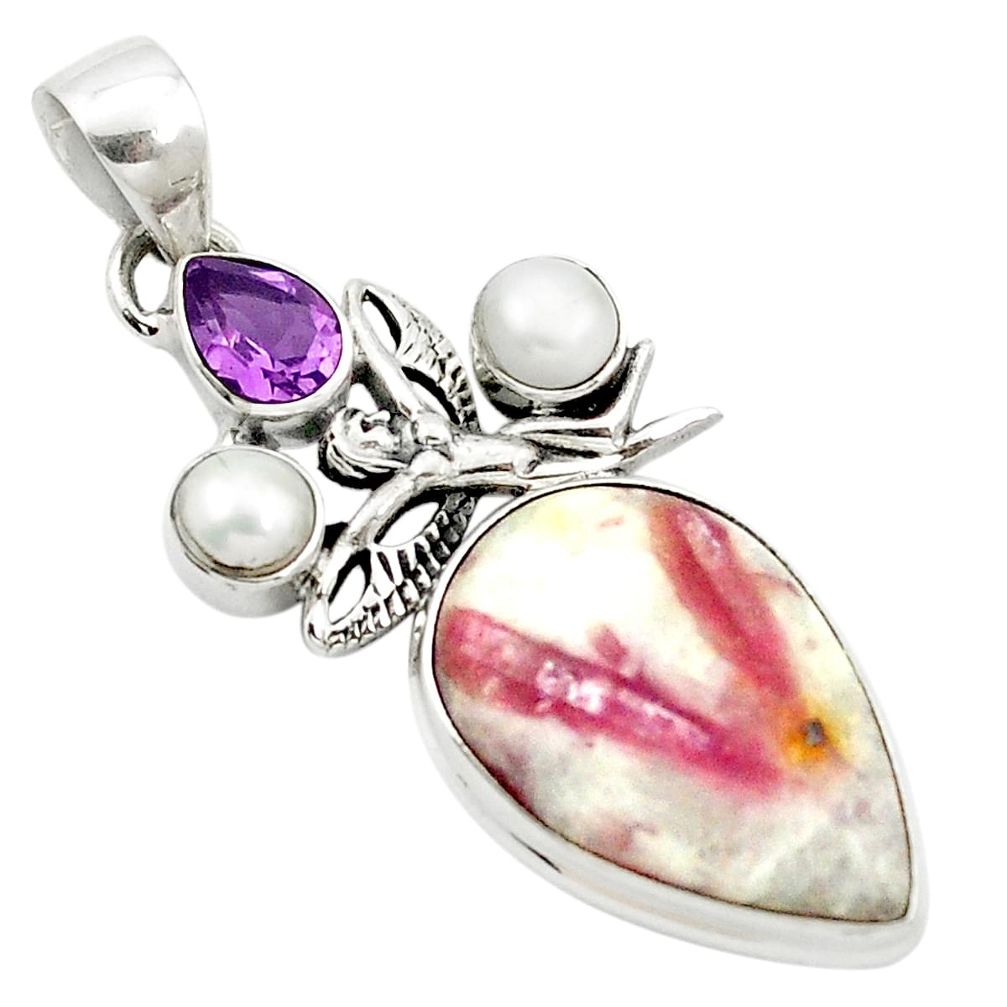 Natural pink tourmaline in quartz amethyst 925 silver pendant m62719