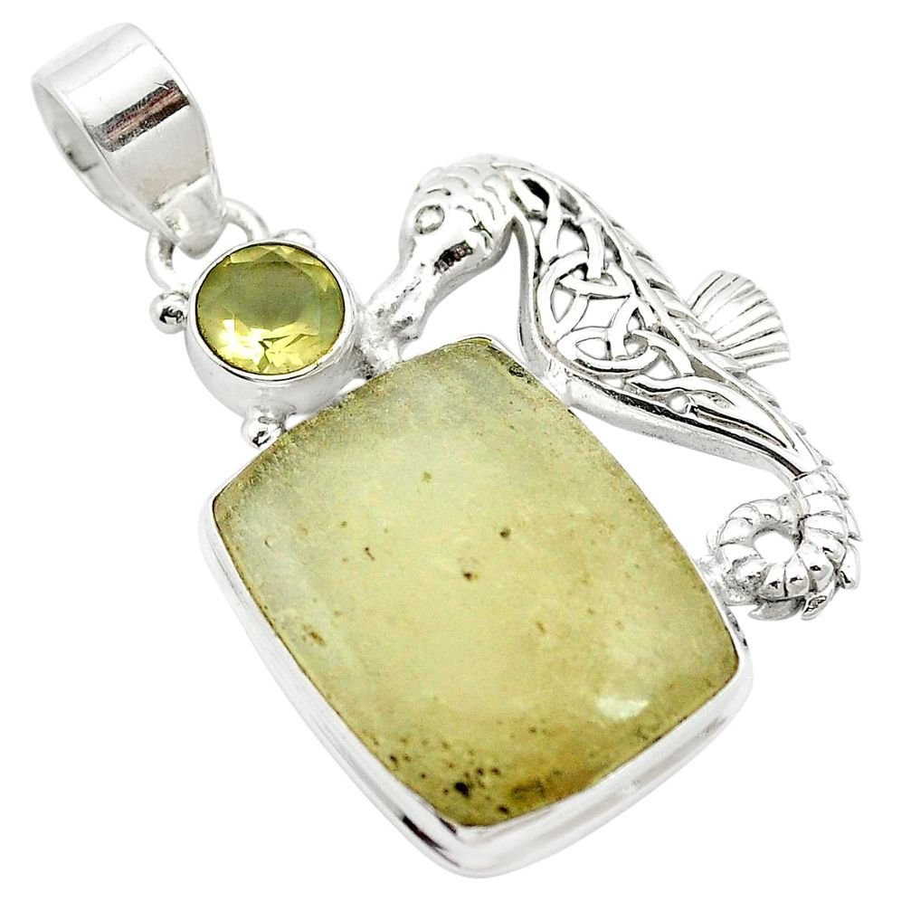 Natural libyan desert glass (gold tektite) 925 silver seahorse pendant m62725