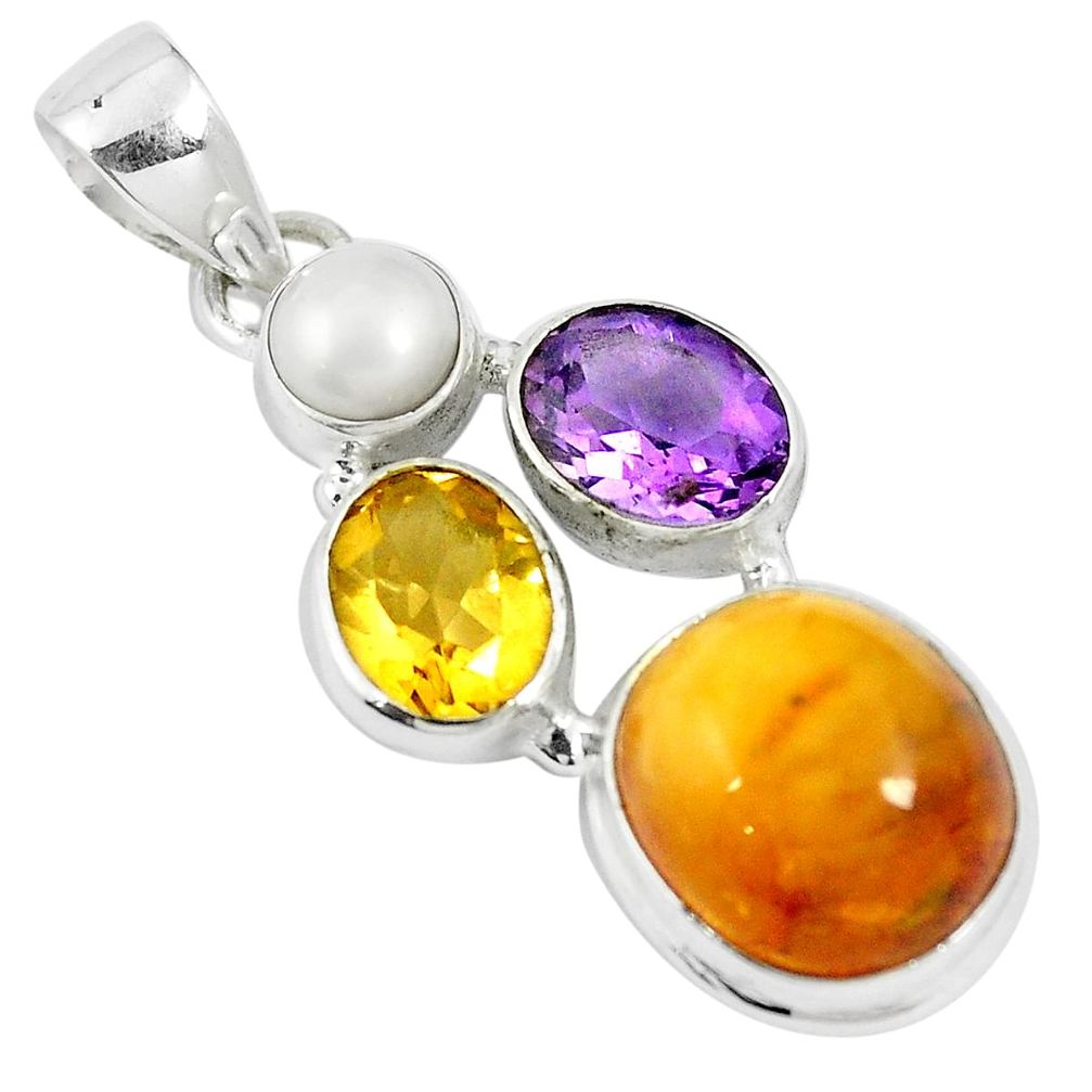 Natural orange baltic amber (poland) pearl amethyst 925 silver pendant m63412