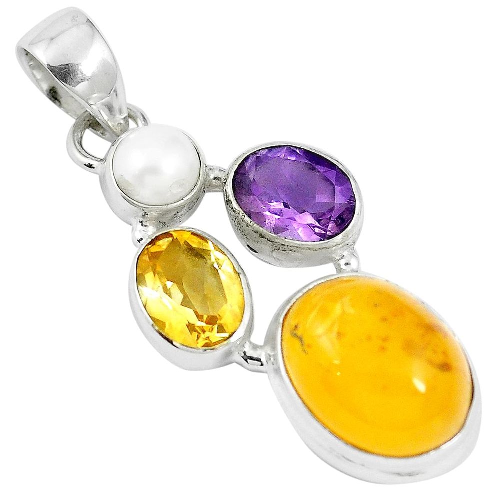 925 silver natural orange baltic amber (poland) pearl amethyst pendant m63415