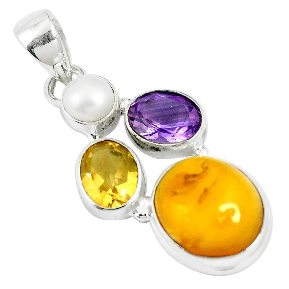 925 silver natural orange baltic amber (poland) pearl citrine pendant m63420