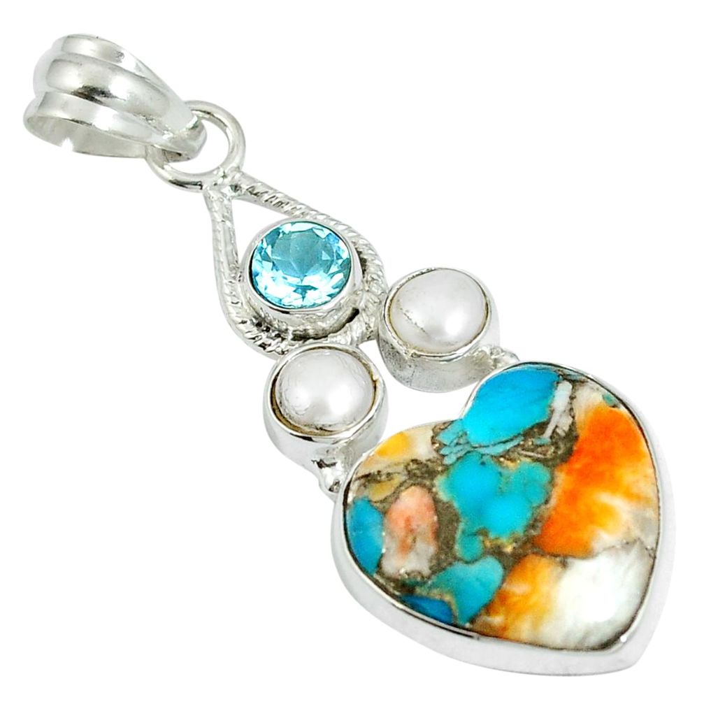 Multi color spiny oyster arizona turquoise heart pearl 925 silver pendant m63884