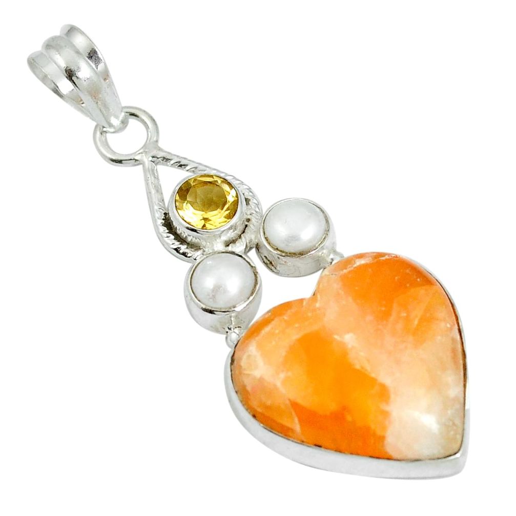 Natural orange calcite heart citrine 925 sterling silver pendant jewelry m63913