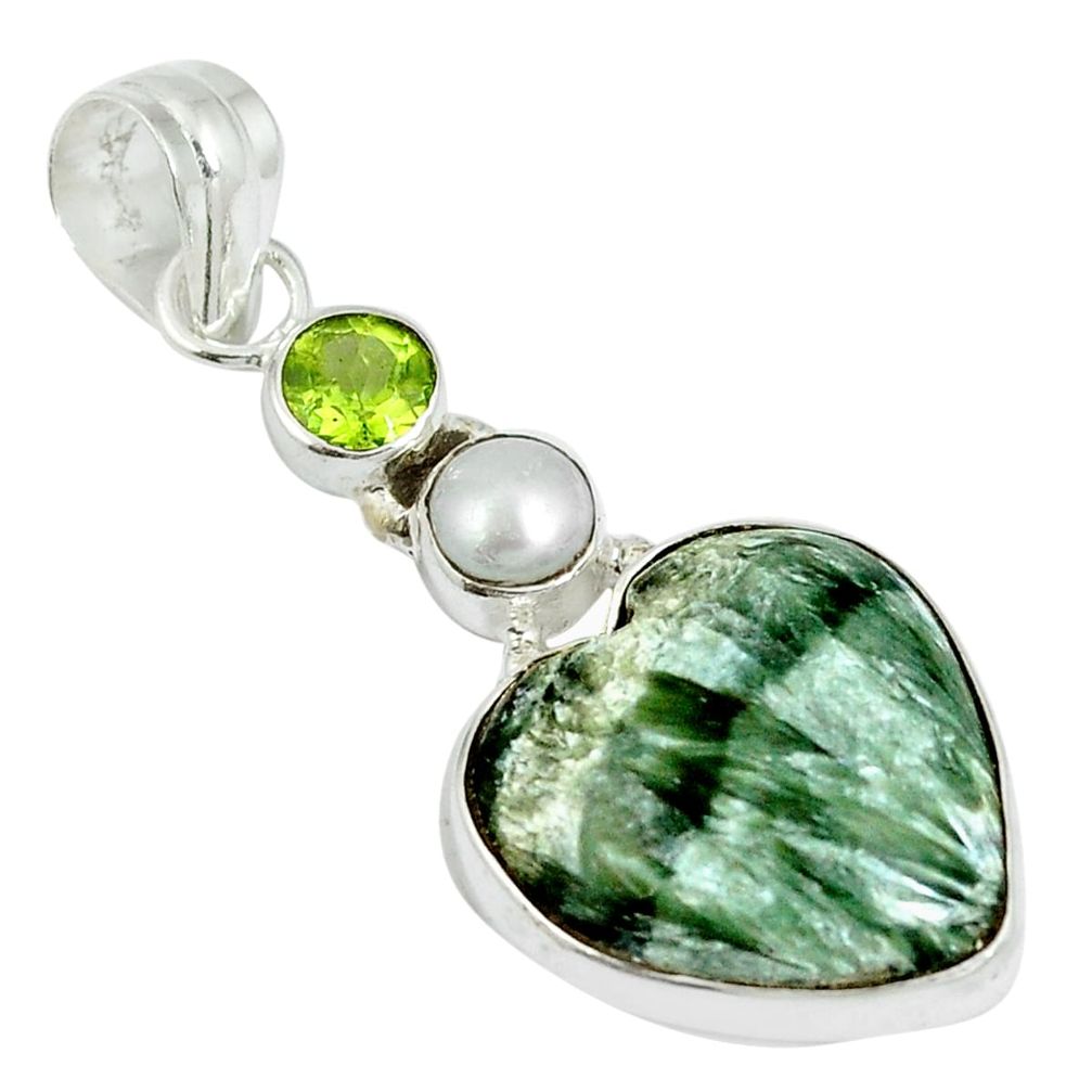 Natural green seraphinite (russian) heart peridot 925 silver pendant m63917