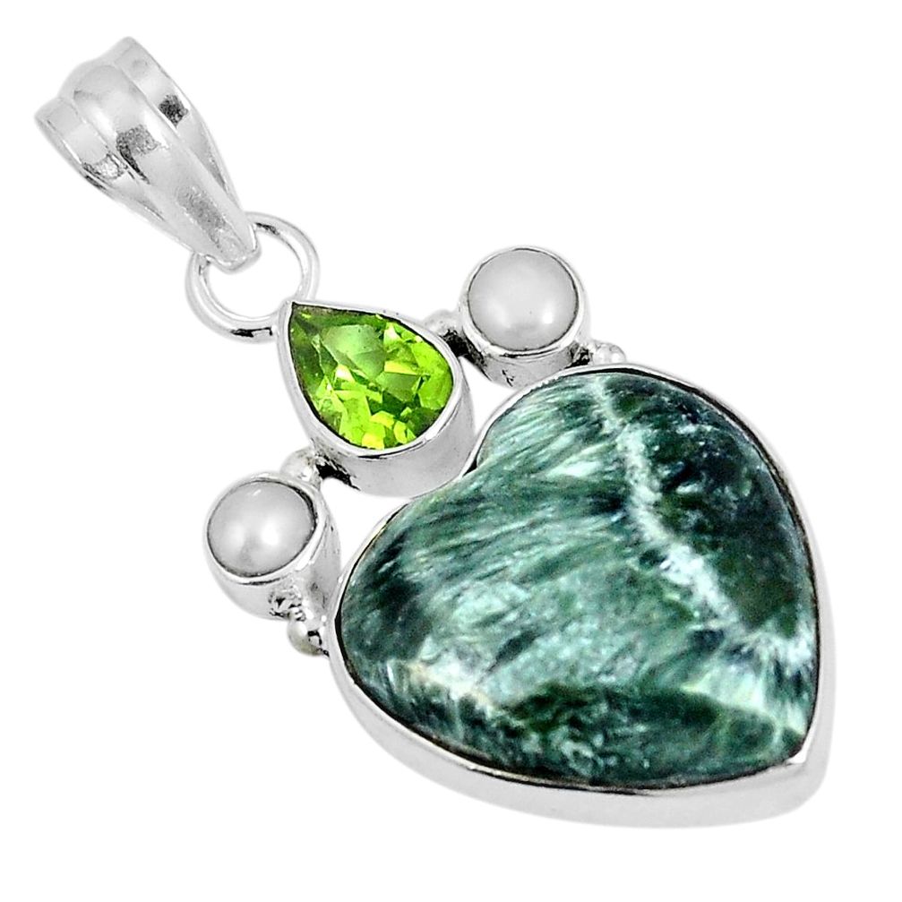 Natural green seraphinite (russian) heart peridot 925 silver pendant m63926
