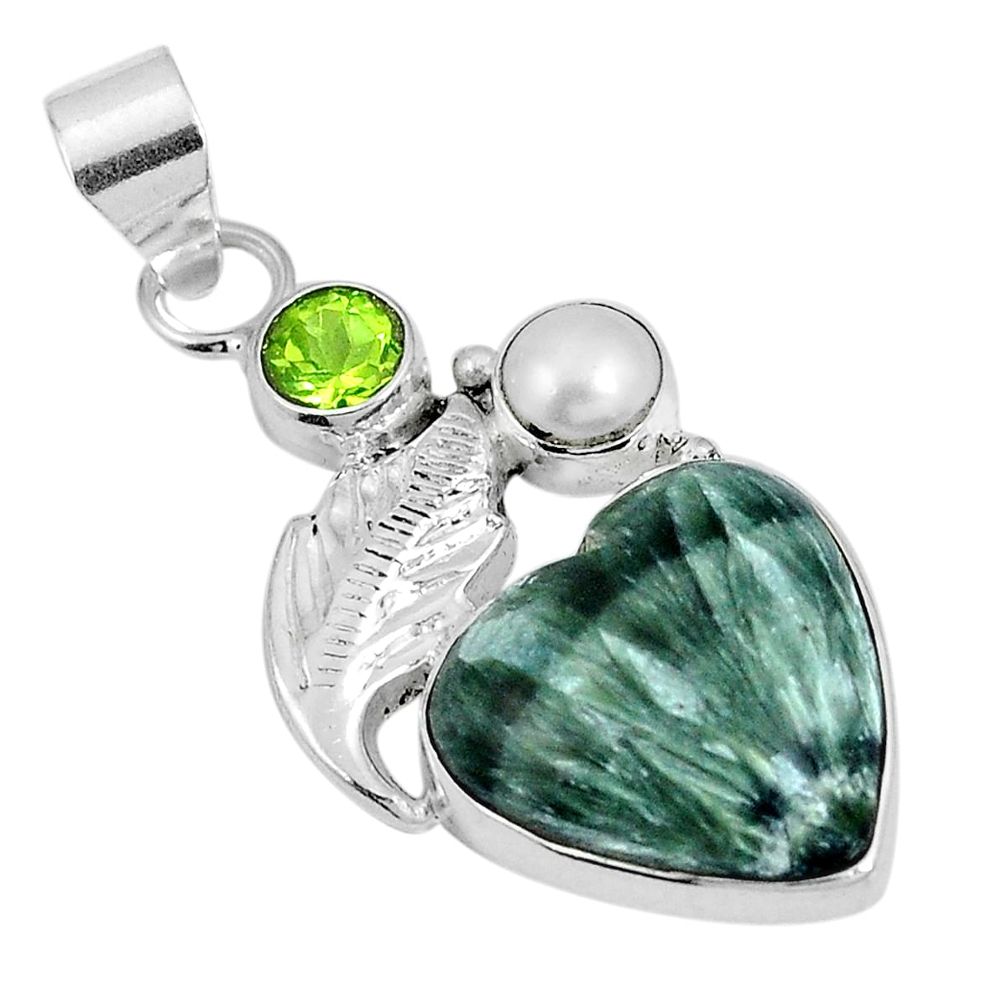 Natural green seraphinite (russian) heart peridot 925 silver pendant m63929