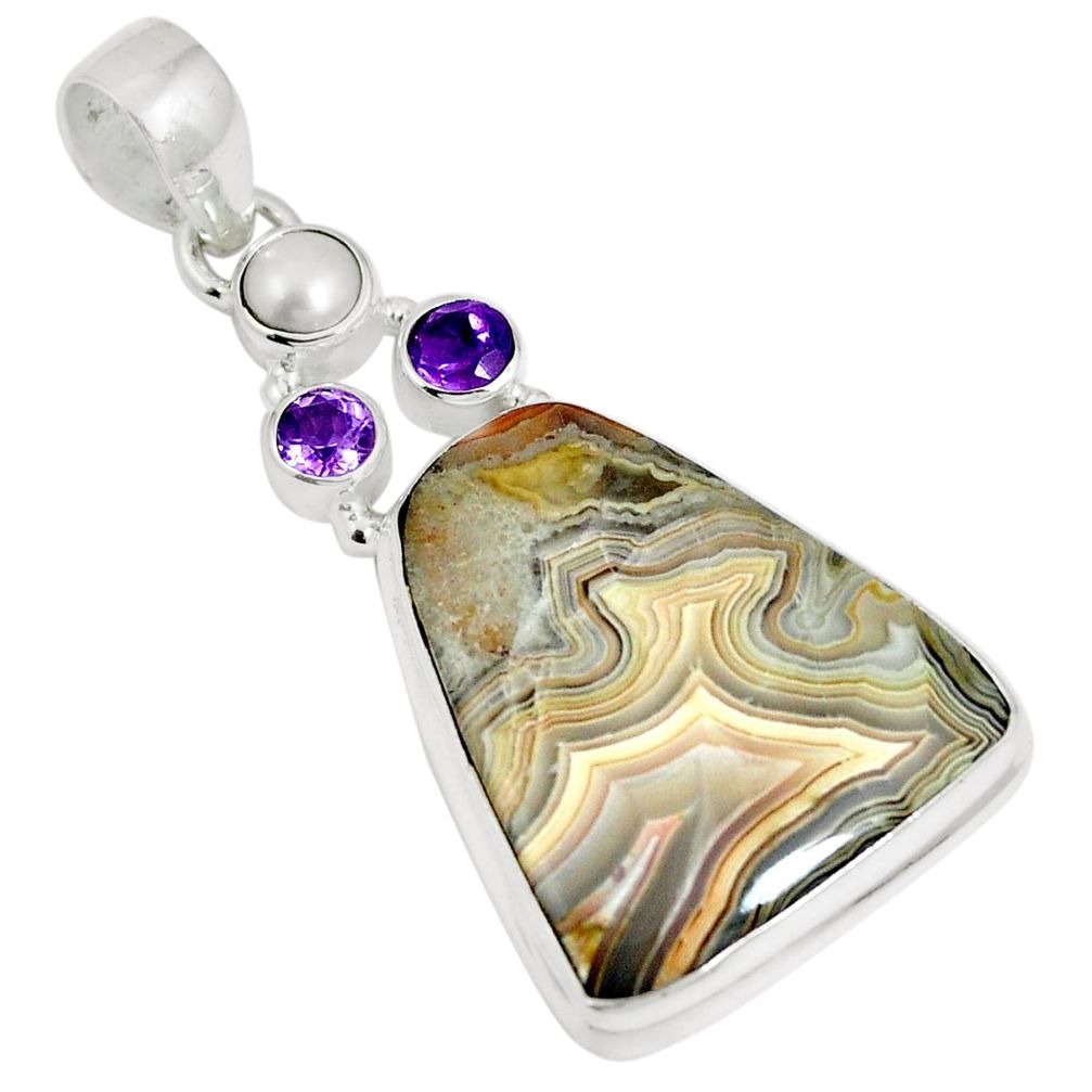 Natural multi color mexican laguna lace agate 925 silver pendant m63969