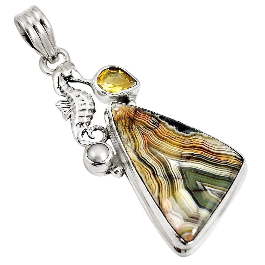 Natural multi color mexican laguna lace agate 925 silver seahorse pendant m63970