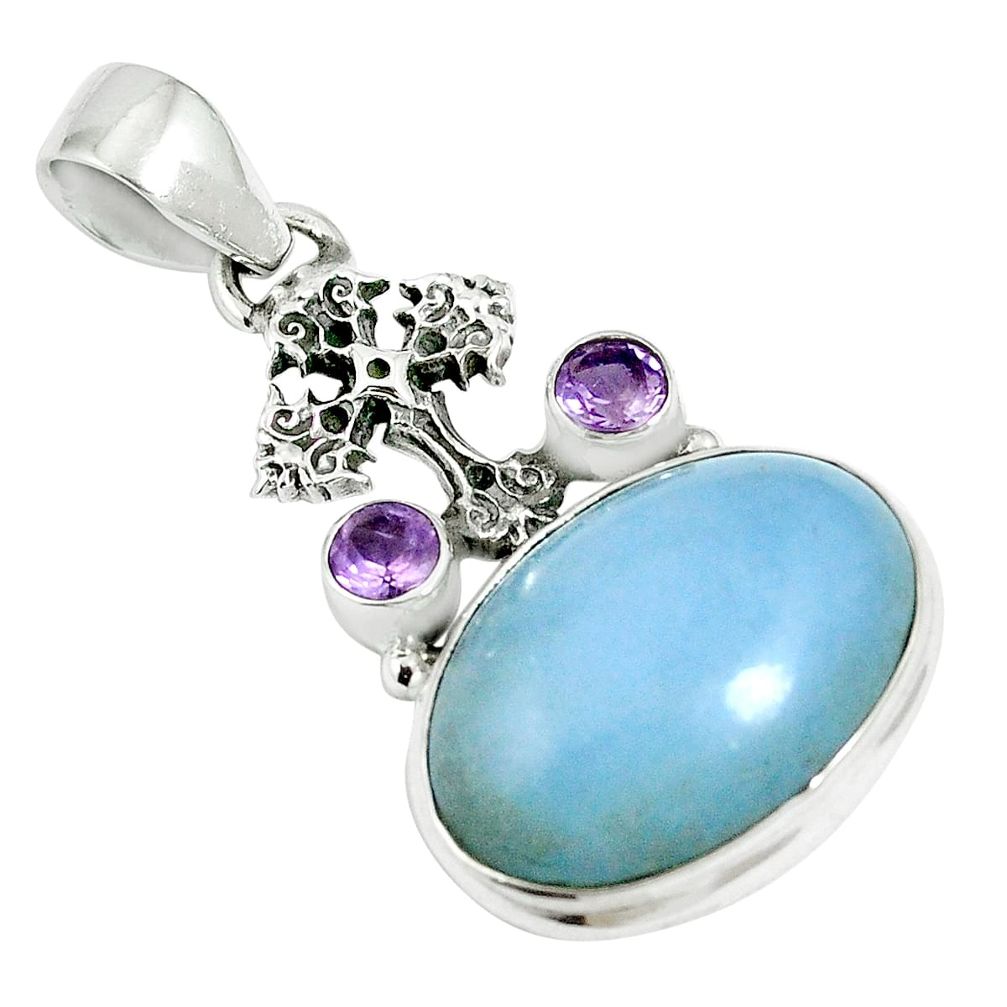Natural blue angelite amethyst 925 silver holy cross pendant jewelry m64445