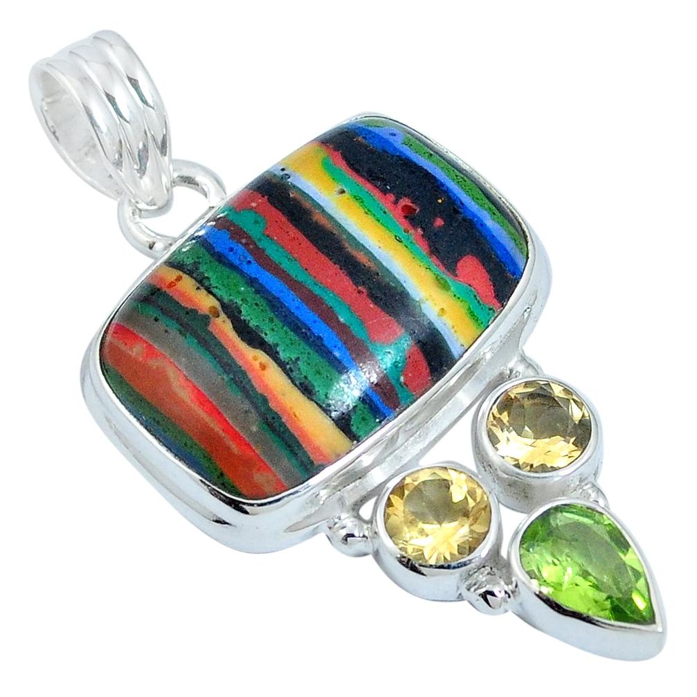 18.15cts natural multicolor rainbow calsilica peridot 925 silver pendant m64533