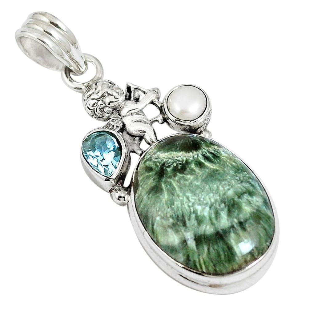 Natural green seraphinite (russian) topaz 925 silver pendant jewelry m64556