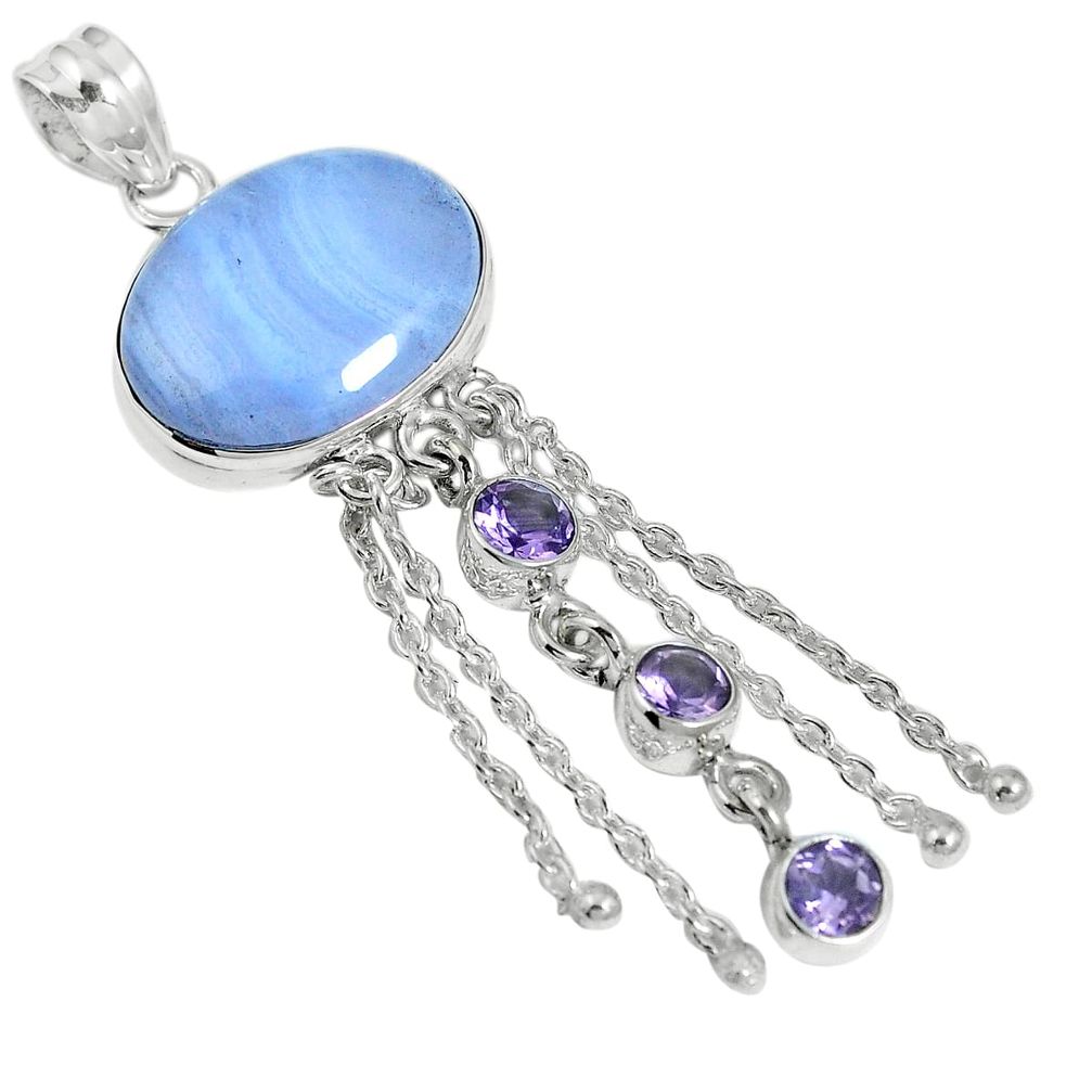 Natural blue lace agate amethyst 925 sterling silver pendant m64565
