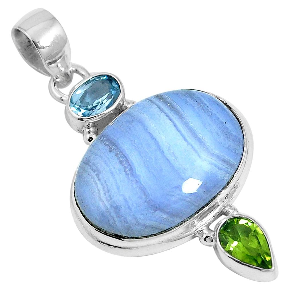 Natural blue lace agate peridot topaz 925 sterling silver pendant m64566