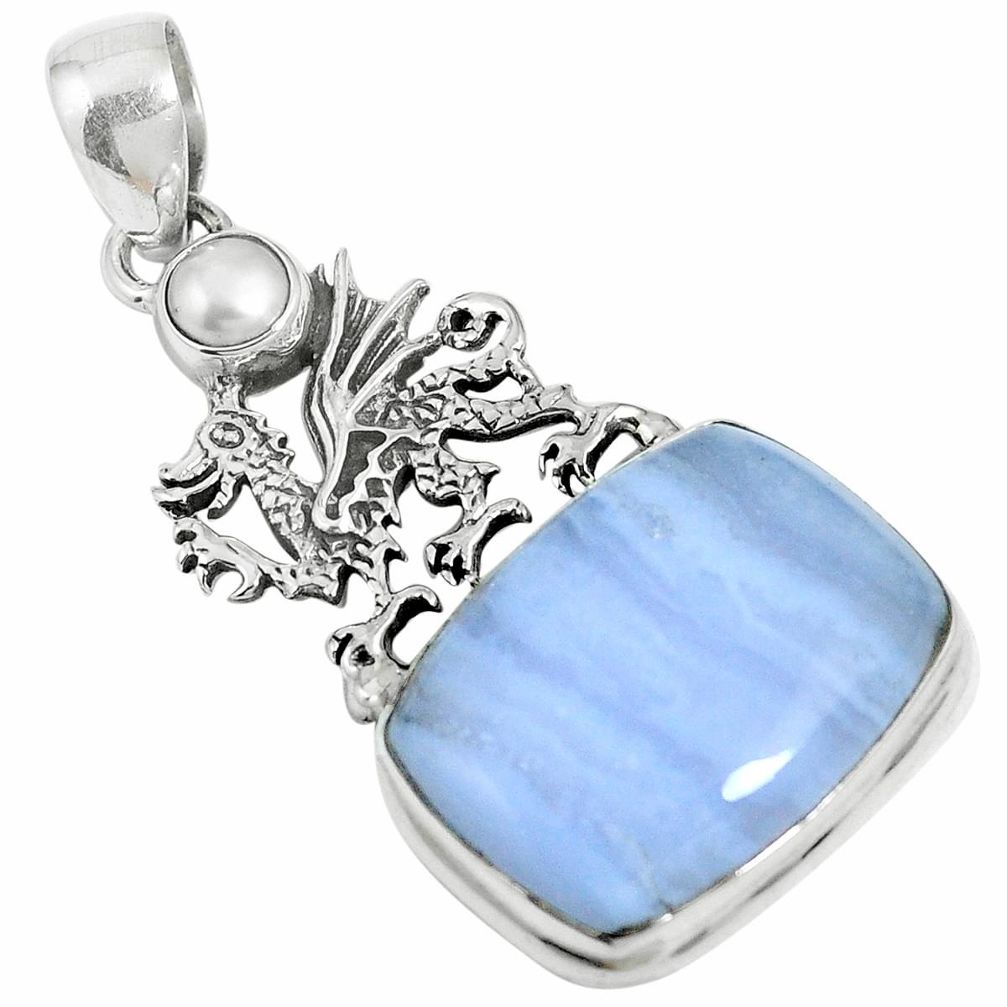 925 sterling silver natural blue lace agate white pearl pendant m64578