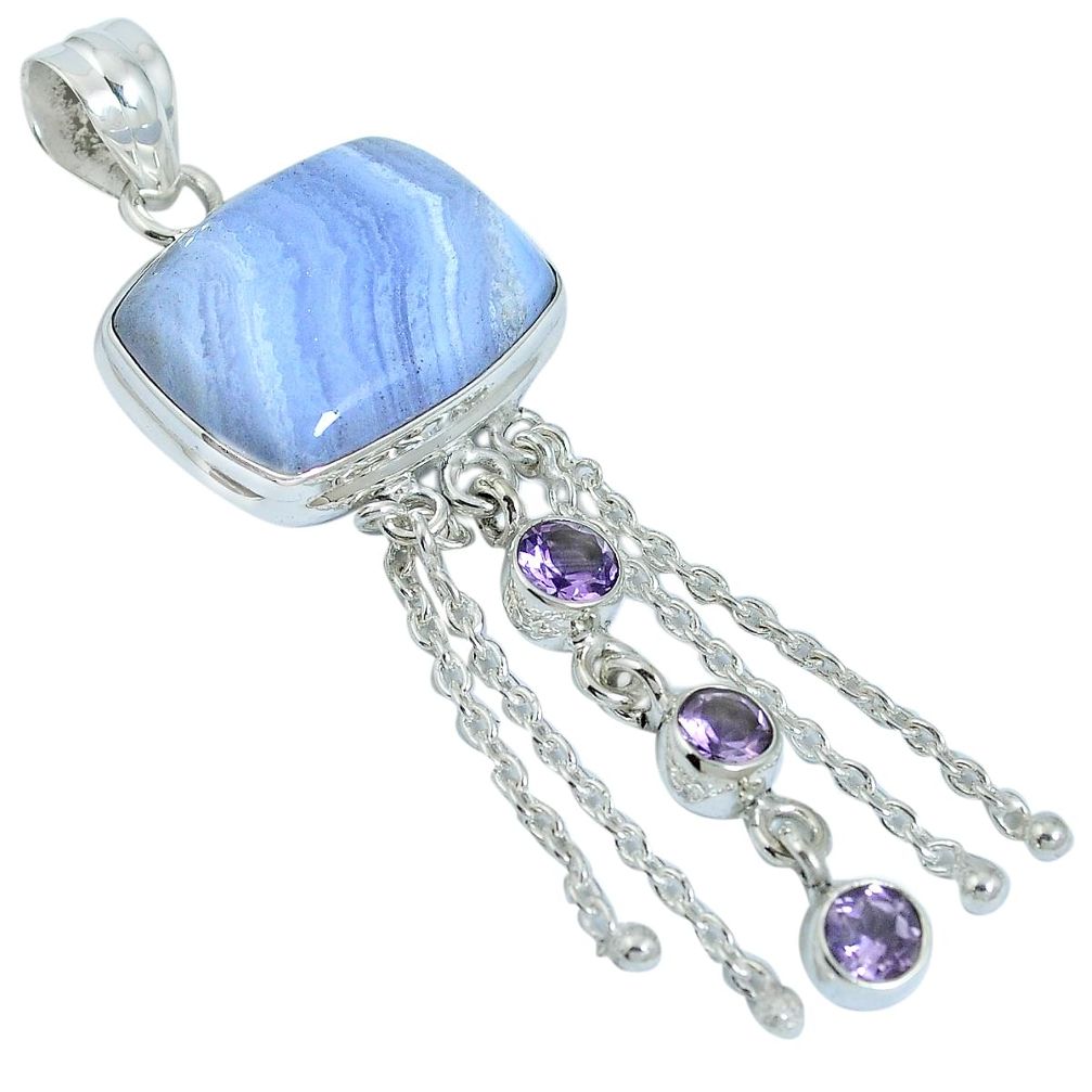 Natural blue lace agate amethyst 925 sterling silver pendant jewelry m64580