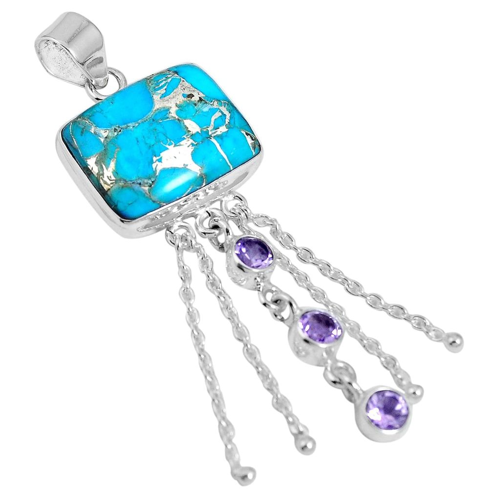 Blue copper turquoise amethyst 925 sterling silver pendant m64619