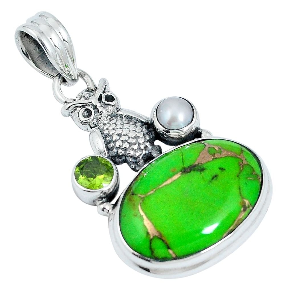 Green copper turquoise peridot pearl 925 sterling silver owl pendant m64645