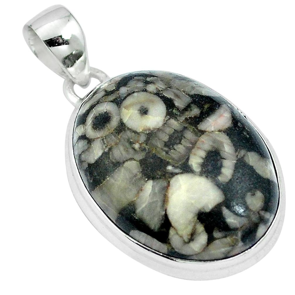 Natural black crinoid fossil 925 sterling silver pendant jewelry m64779