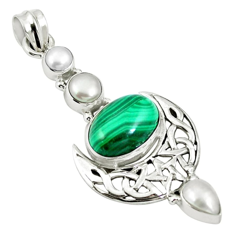 Natural green malachite (pilot's stone) pearl 925 silver moon pendant m64834